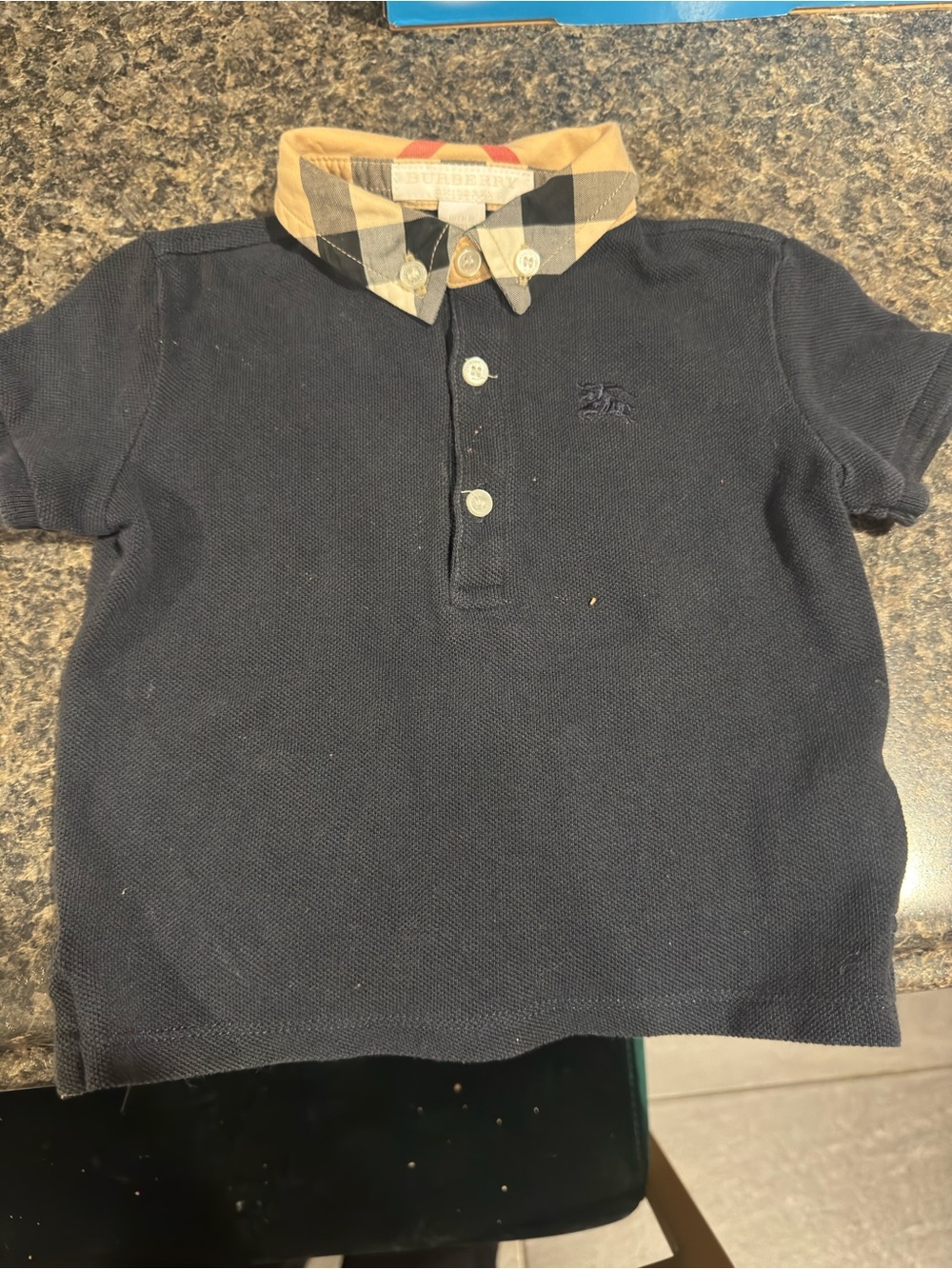 Burberry Navy Polo with Iconic Beige Check Collar